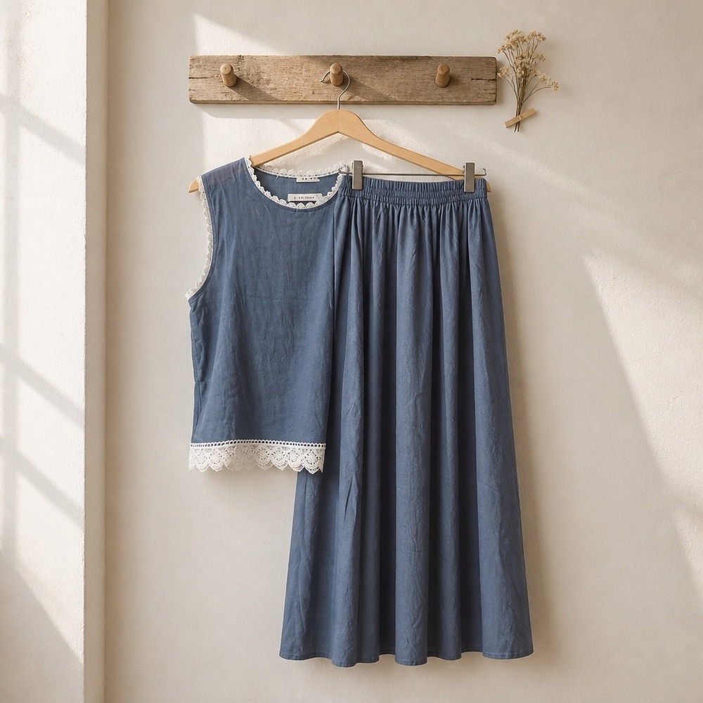 La Diosa Deep Blue MAXI  skirt Lace Trim Button Front Top SET NWT L